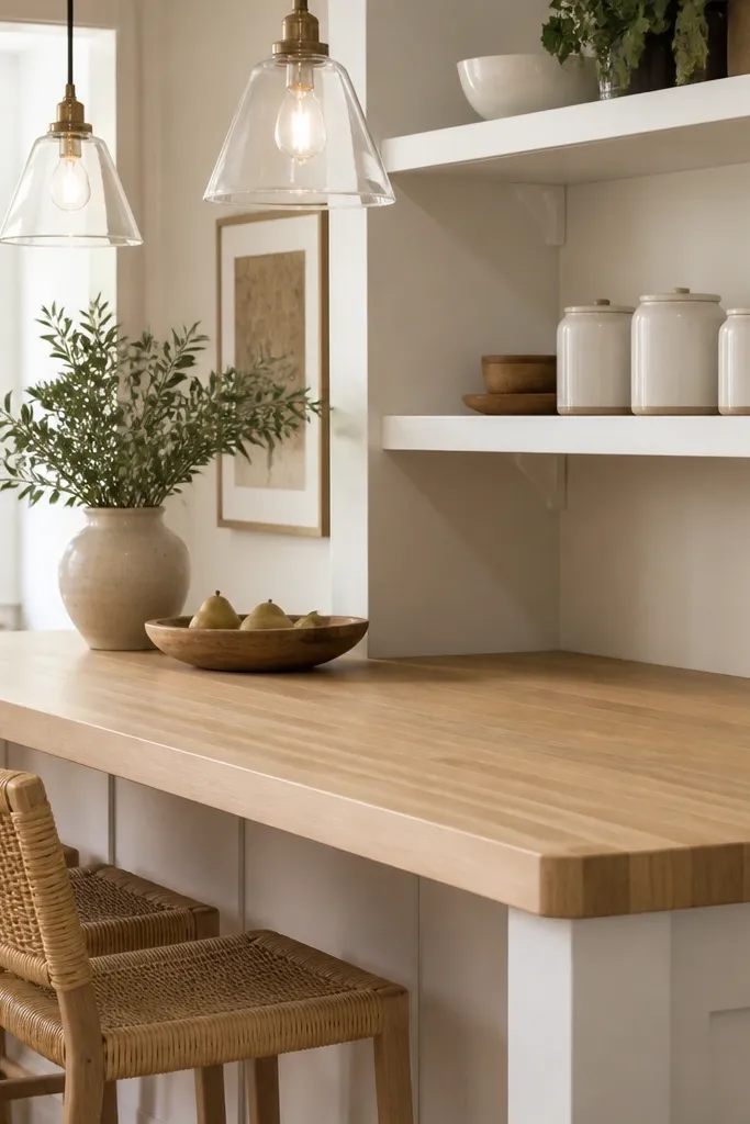 A kitchen bar with a light butcher block countertop, white open shelves above, and simple white ceramic canisters. The bar overhang is clean with an eased edge. Pendant lights hang over the bar.