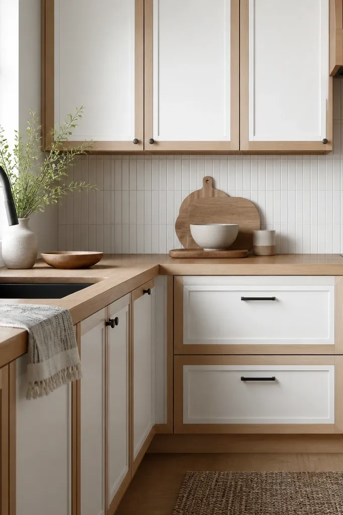 A transitional kitchen with pale oak cabinet frames, white panel doors, and a light butcher block countertop. The backsplash is white tile with a subtle linear pattern. A black faucet creates contrast.