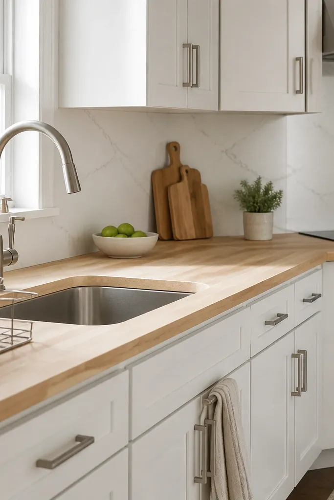 A clean kitchen with light butcher block countertops, a quartz backsplash in soft white with faint gray veining, and brushed nickel pulls. The counter edge is a simple bevel. A dish rack sits near the sink.