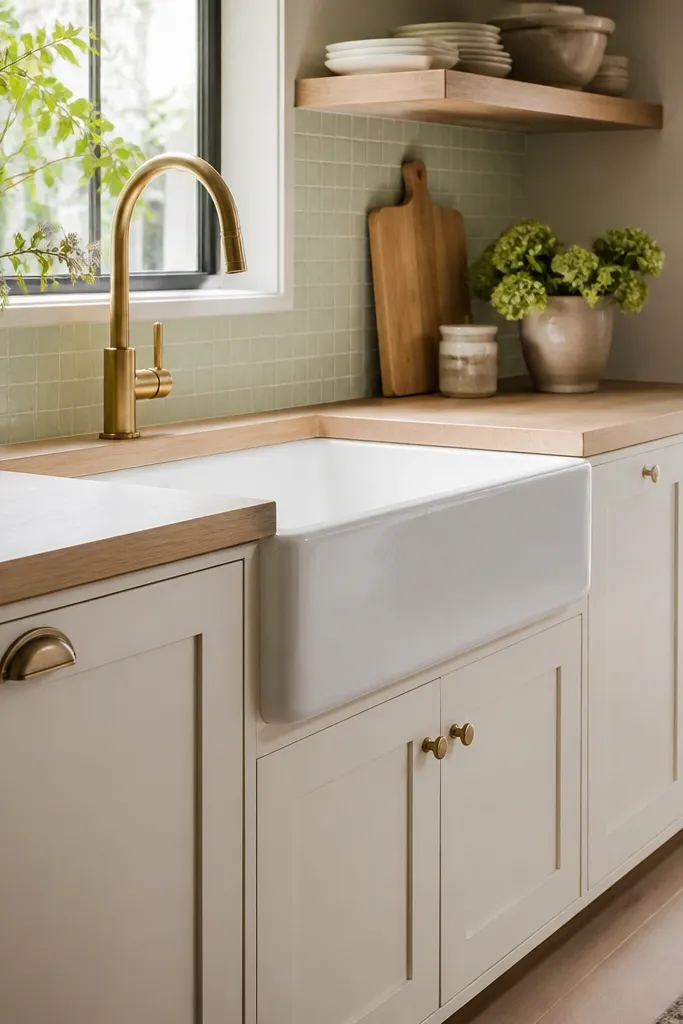 A bright kitchen with light butcher block countertops, pale green small square tiles behind the sink, and a white farmhouse apron sink. The cabinet color is off-white. A brass gooseneck faucet sits above the sink.