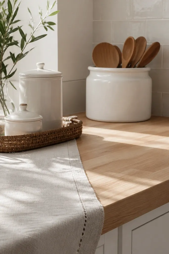 A styled kitchen counter with light butcher block, a light linen runner across part of the counter, a small rattan tray, and white ceramic jars. The backsplash is light cream tile. Sunlight hits the counter surface.