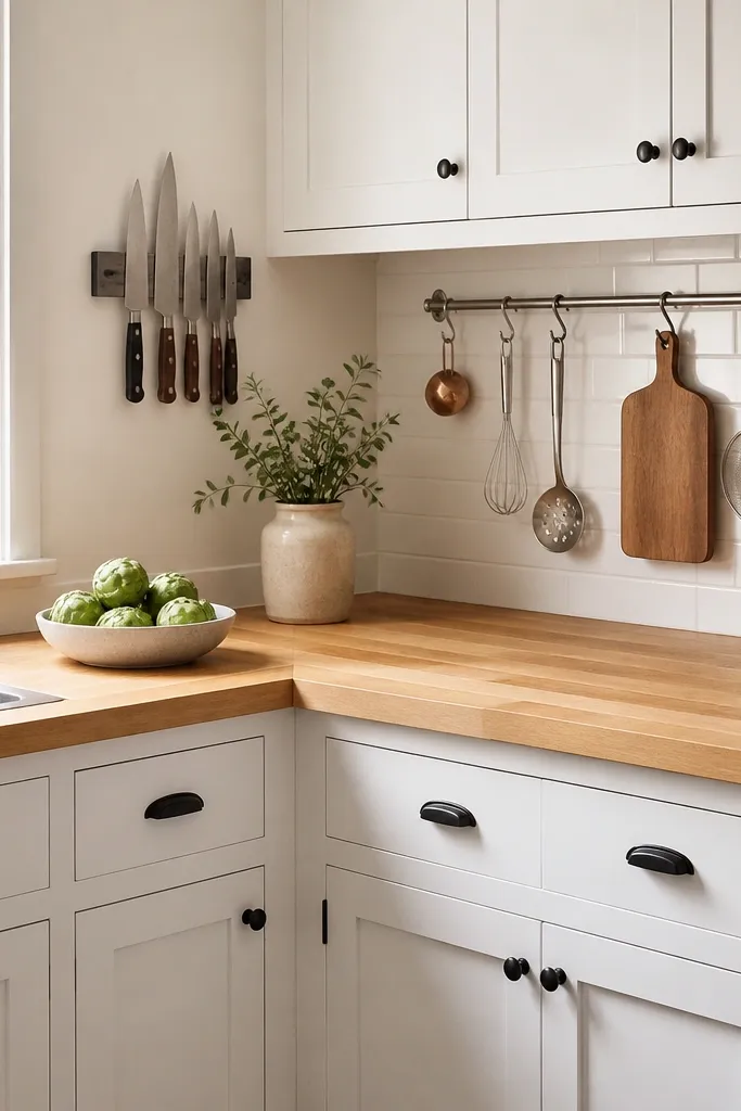 A corner kitchen showing light butcher block countertops with a built-in utensil rail mounted above. The cabinets are white, and the backsplash is a simple light tile. A small knife magnet strip is mounted near the corner.