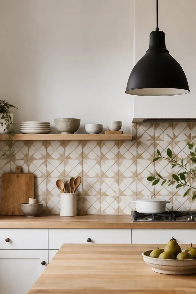 A kitchen with light butcher block countertops and a patterned backsplash featuring warm white and tan geometric tiles. Cabinets are soft white. A matte black pendant light hangs above the counter.