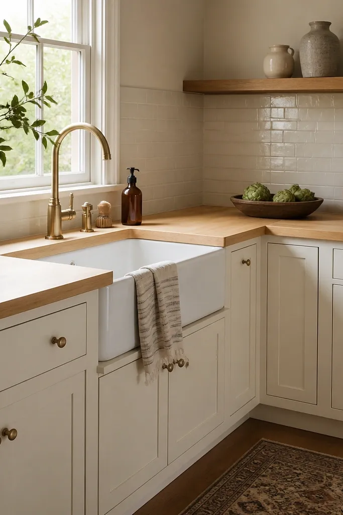 A kitchen with light butcher block countertops, a white farmhouse sink, and a small open shelf above the backsplash holding a couple of ceramic vases. The cabinets are off-white with simple hardware.