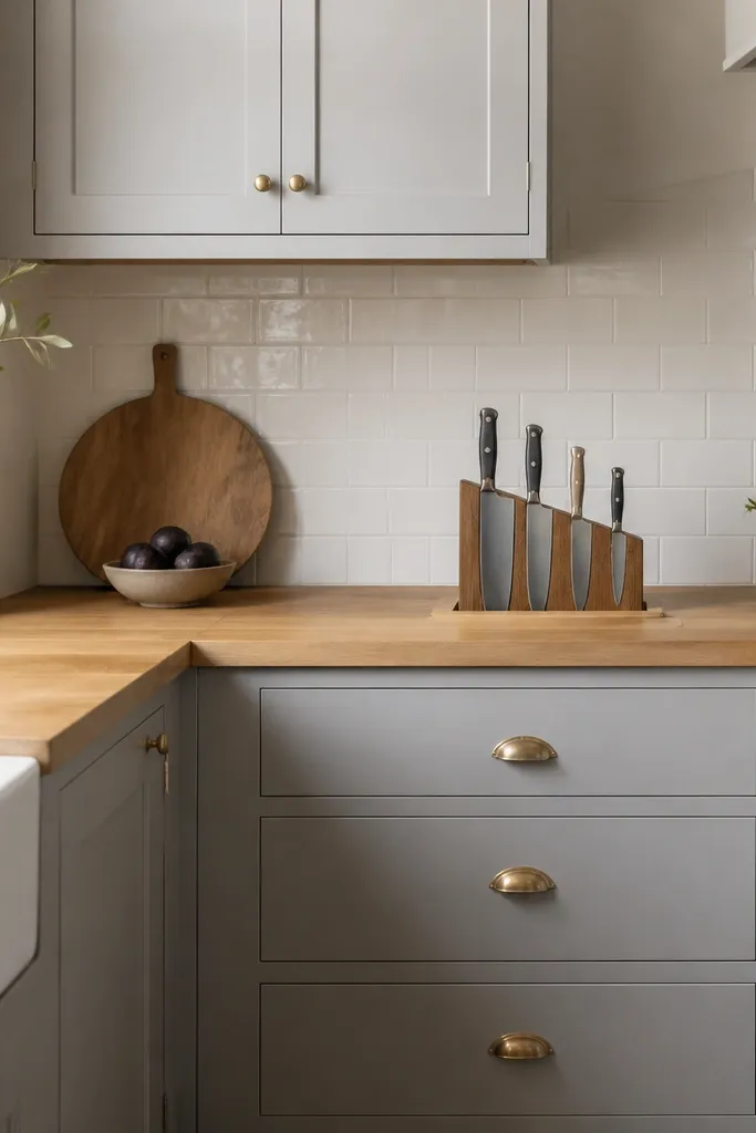 A kitchen with light gray glazed cabinets, light butcher block countertops, and brass cup pulls. The backsplash is a simple white ceramic tile. The countertop has a built-in knife block and a small bowl for fruit.