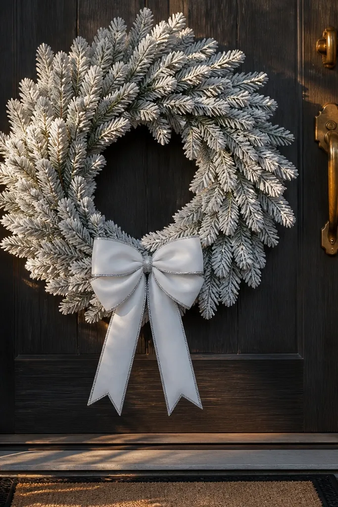 Frosted green wreath with white bow on a dark front door
