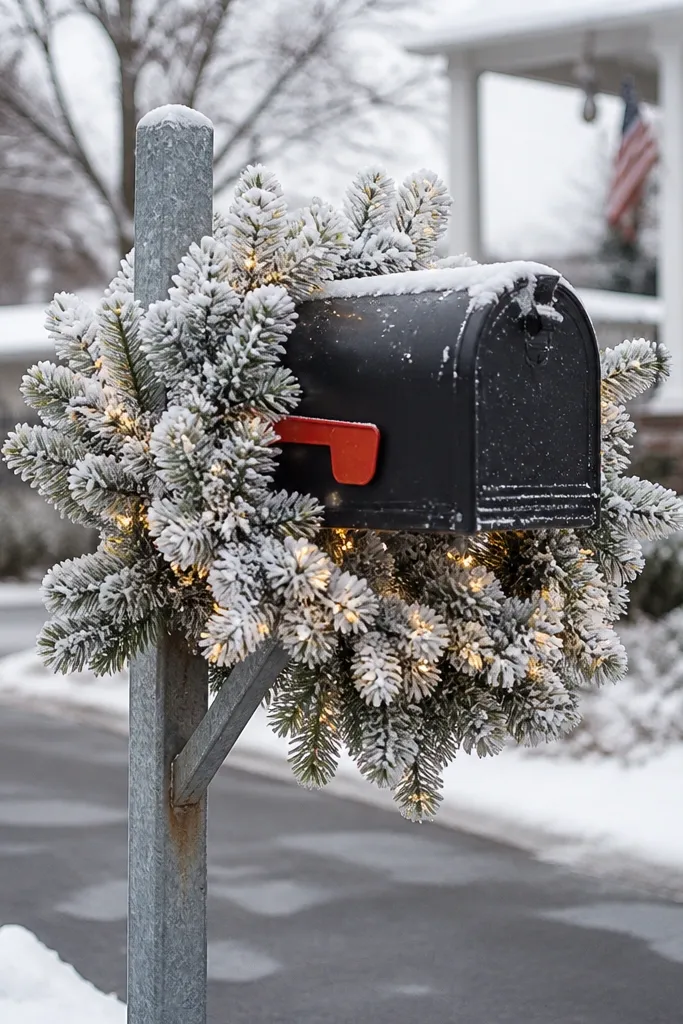 Snowy garland wrapped around a mailbox with warm white string lights
