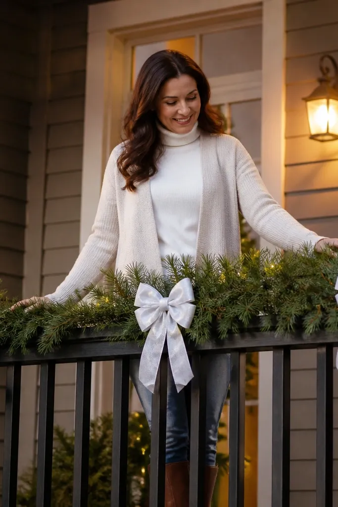 Green porch rail garland with three white bows spaced evenly