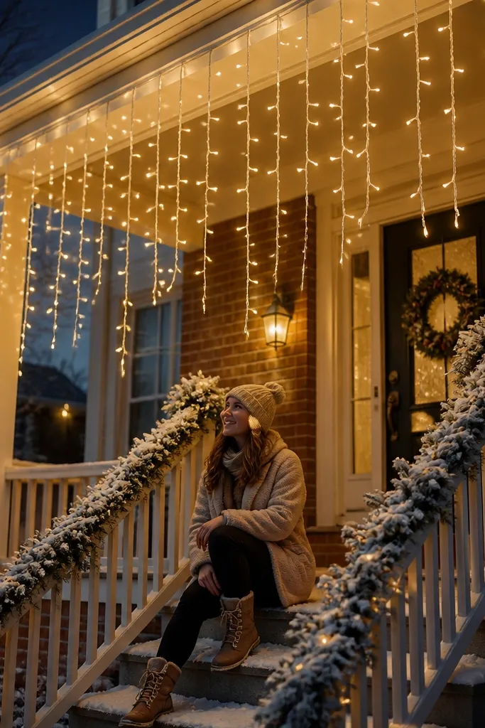 Warm white icicle lights hanging above front steps and walkway