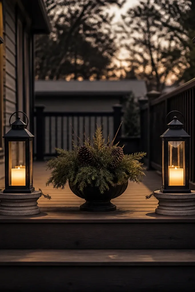 Two black LED lanterns on porch planters with warm white glow