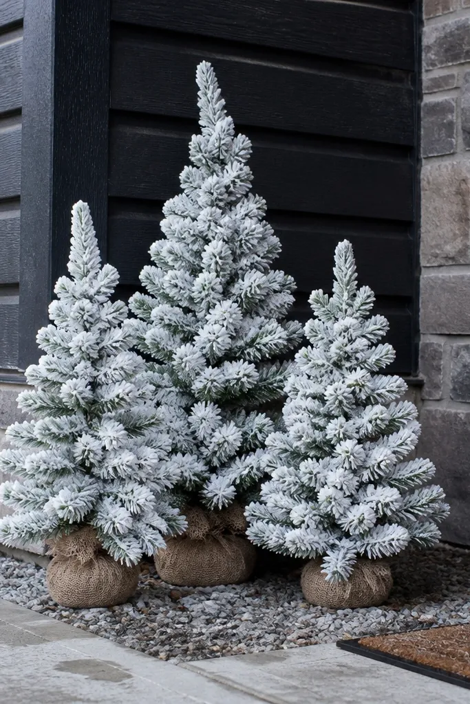 Three snow-dusted mini trees clustered in a porch corner