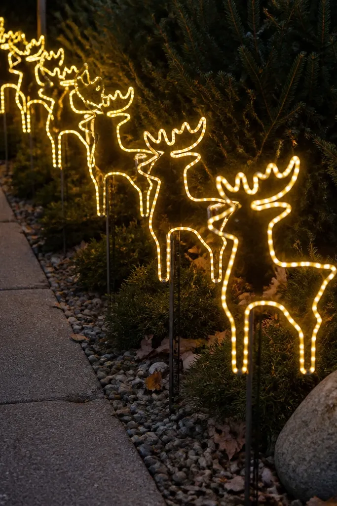 Warm glowing reindeer yard stakes lined along a walkway