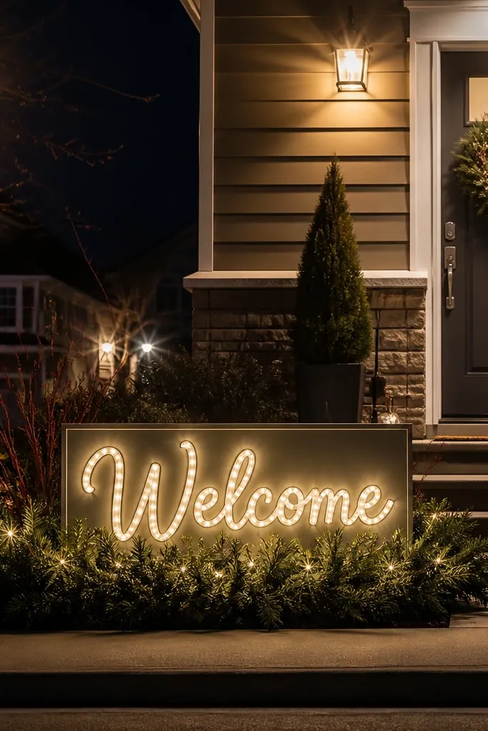 Light-up welcome sign in front yard with evergreen base