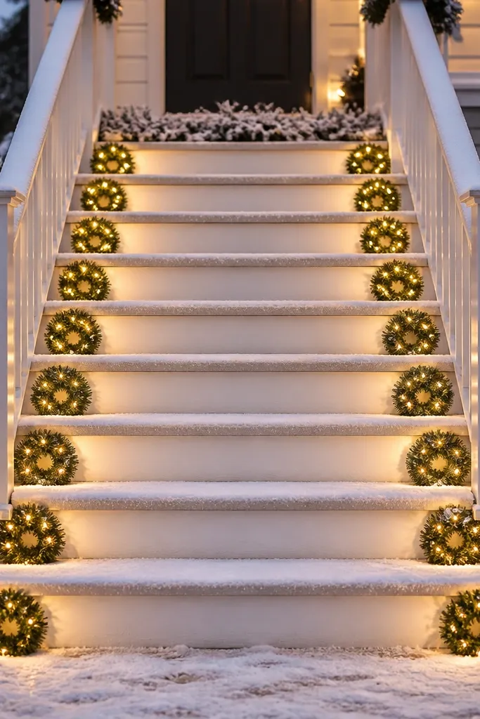 Pre-lit mini wreaths on front step risers with snowy decor