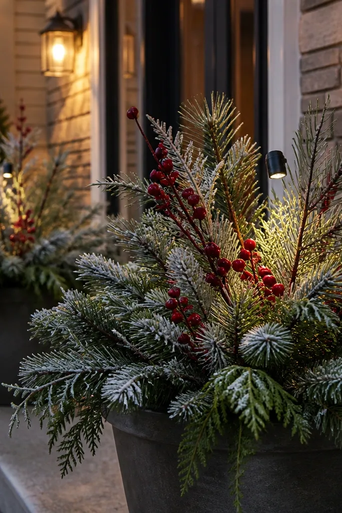 Planter with frosted pine and berry sprays plus one LED clip light