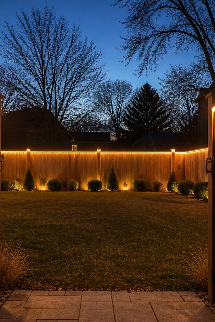 Warm white rope lights outlining a yard fence perimeter