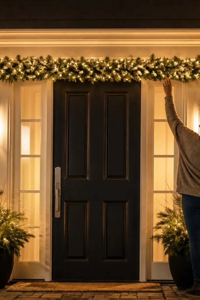 Light-up garland stretched above a doorway with warm white glow