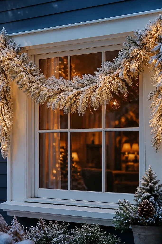 Frosted window swag hanging above two front windows