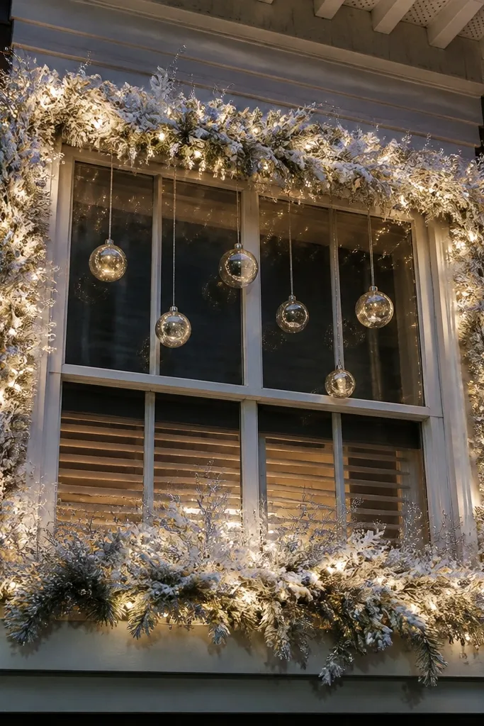 Frosted swag around a window with hanging clear glass-style ornaments