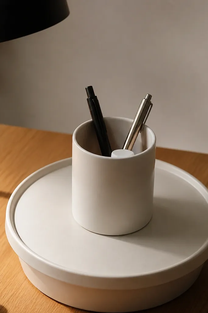 Cream lidded tray with a charcoal ceramic pen cup and a small notepad.
