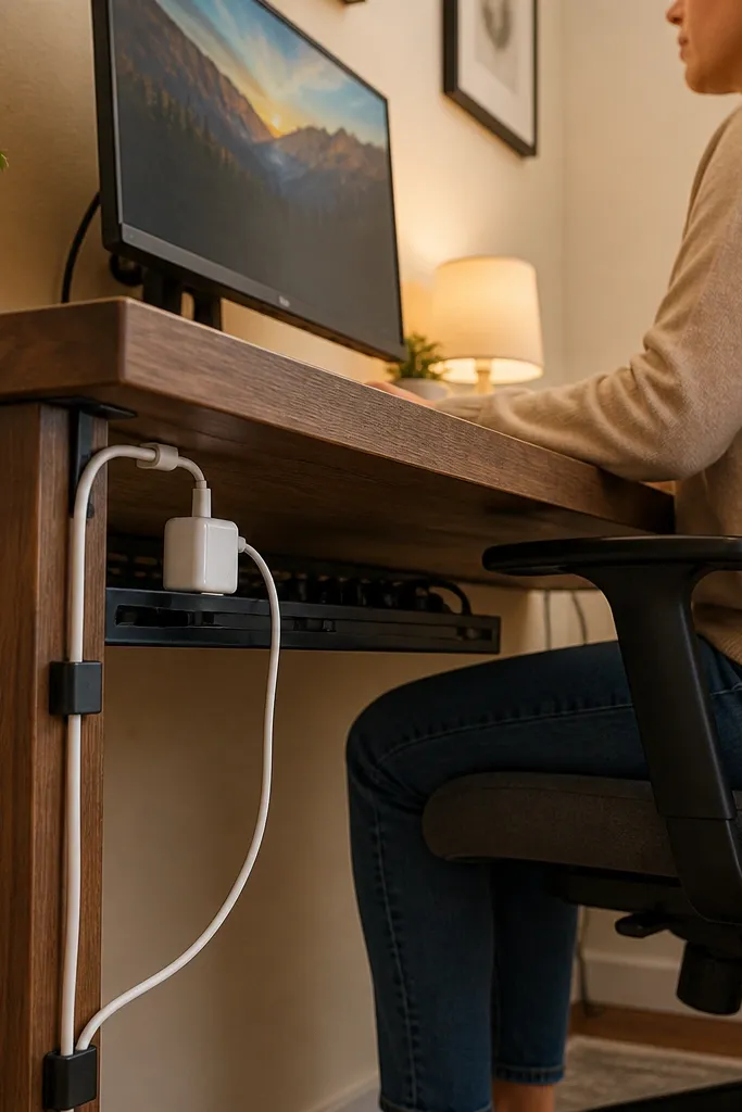 Black cable tray under desk with two cords routed cleanly and small clips on edge.