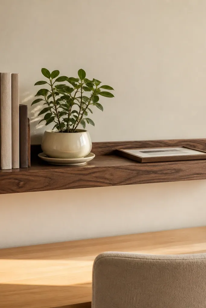 Small walnut shelf with one book stack, a tiny plant in a white saucer, and a neutral frame.