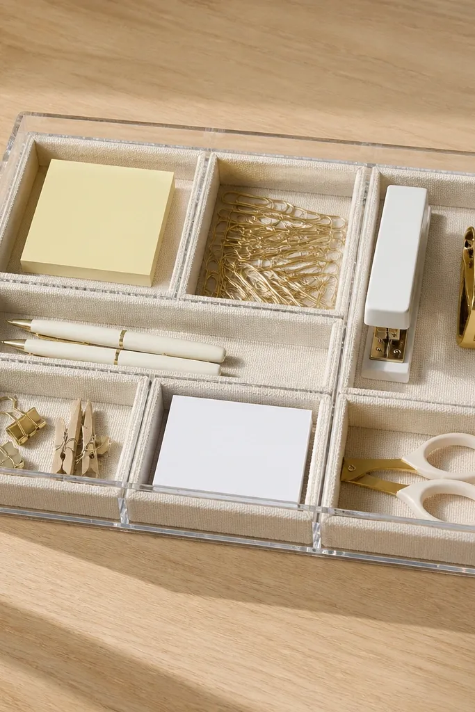 Clear organizer boxes with folded fabric inserts in a desk drawer next to a neat notepad.
