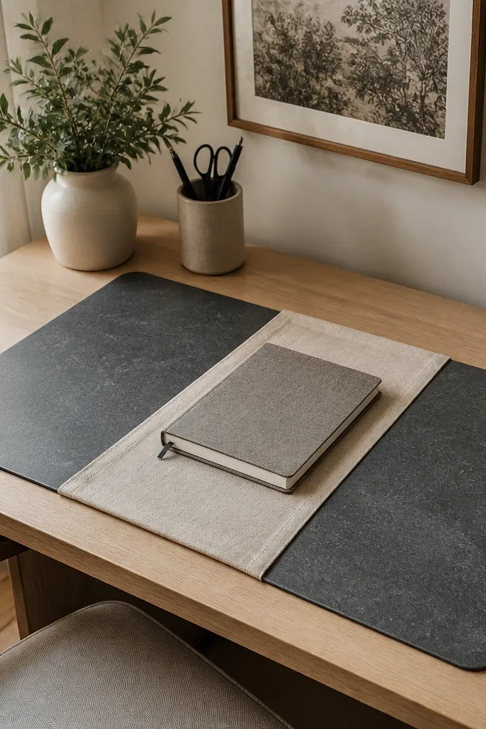 Stone-look desk mat with a thin linen runner and a simple brass desk accessory.
