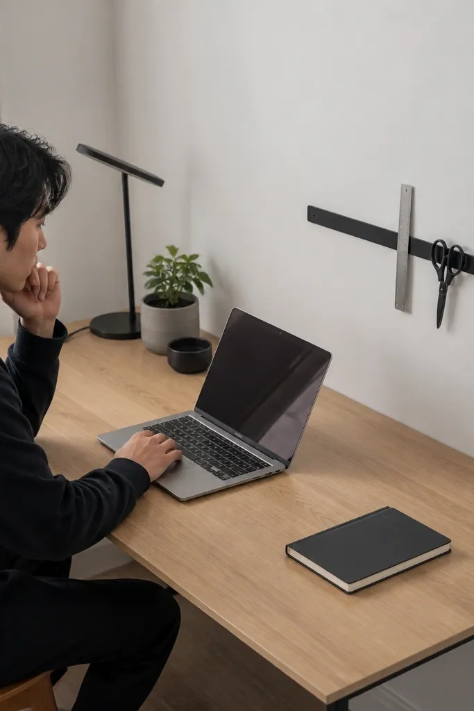 Magnetic wall strip above desk holding a ruler, scissors, and a small sticky note pad neatly.