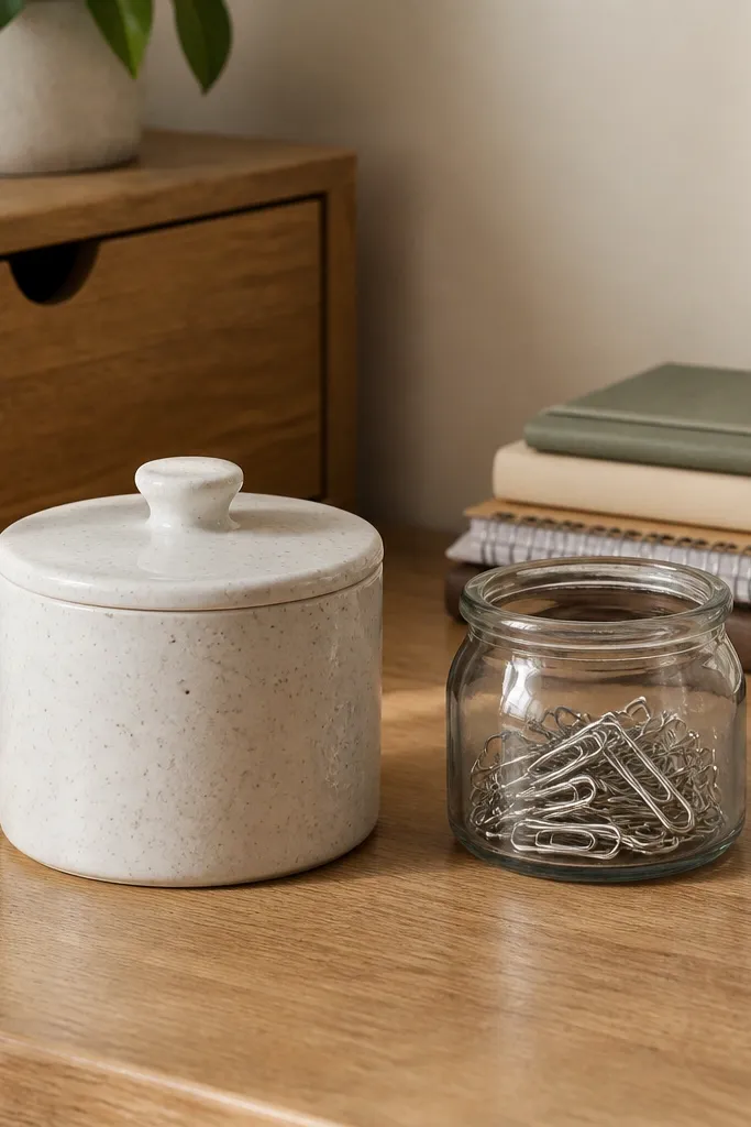 White ceramic canister with a lid and a small clear jar of paper clips on a side of the desk.
