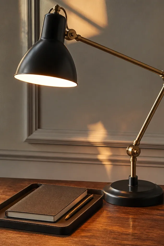 Warm-toned task lamp on the desk with a small tray holding a notebook and pen.