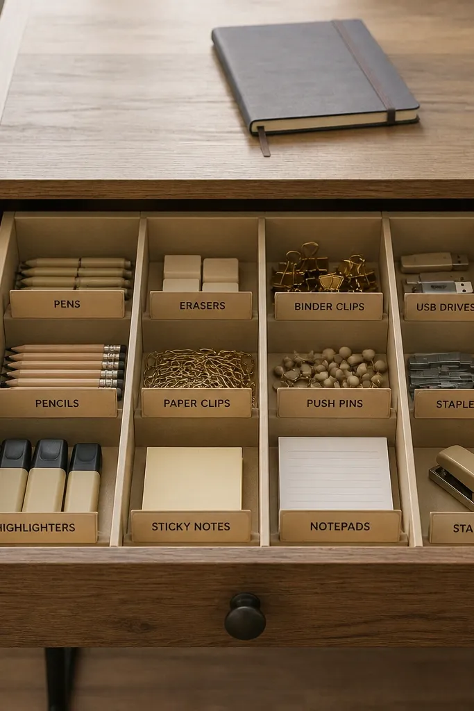 Drawer with beige dividers, small labels, and a tidy desk corner with a closed stationery tray.