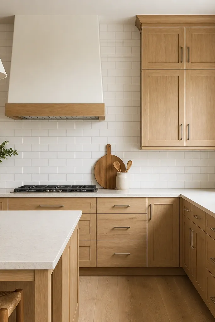A kitchen with white oak shaker cabinets in a satin finish, simple brushed nickel pulls, and walls painted warm off-white. The counters are light cream with a subtle speckle, and a white subway tile backsplash runs to the ceiling.