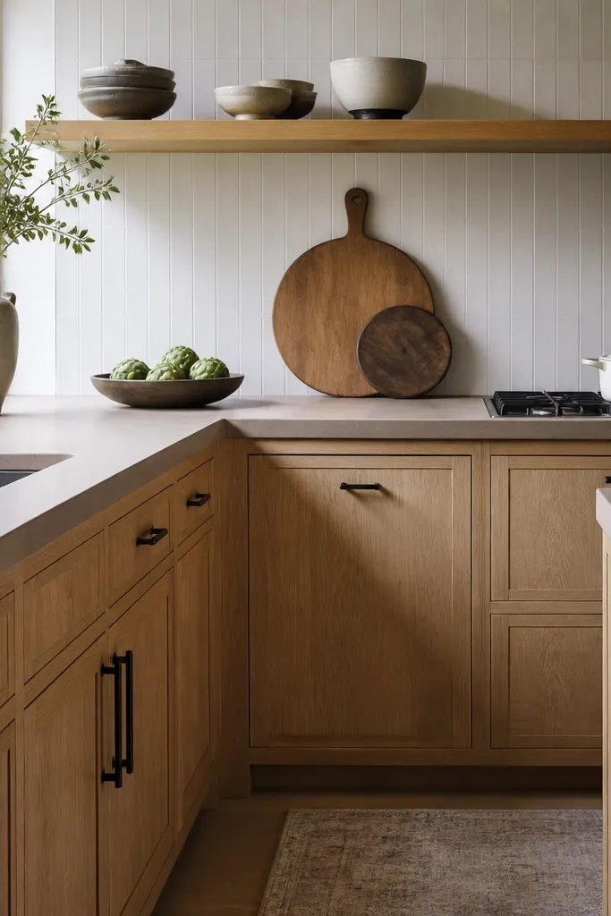 White oak cabinets with matte hardware and a matte, driftwood-toned countertop. The backsplash is simple white tile, and there's a light wood shelf holding a few ceramic bowls.