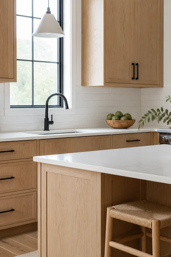 Cabinets in clear-finished white oak with visible grain, paired with bright white quartz counters. Black bar pulls and a black faucet sit against a white backsplash.