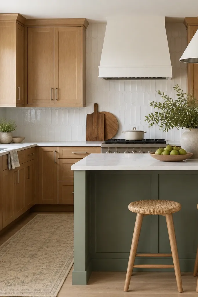 A kitchen where white oak perimeter cabinets sit next to a sage green island. The hardware is brushed nickel, and the backsplash is white with subtle texture.