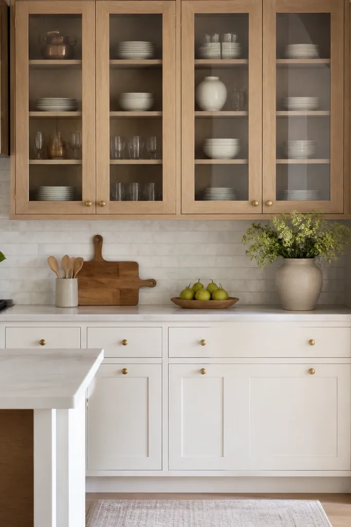 Upper cabinets are white oak with satin finish and glass-front doors. Lower cabinets are warm white, with brass knobs on the drawers and doors.