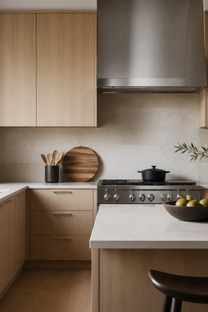 A modern kitchen with white oak cabinets where the grain runs more straight and uniform, paired with a light stone backsplash. Hardware is minimal and brushed stainless.
