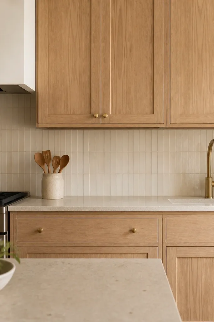 White oak cabinets with satin finish and off-white ceramic tile backsplash in a warm ivory tone. The countertop is light beige with small specks, and the faucet is brushed brass.