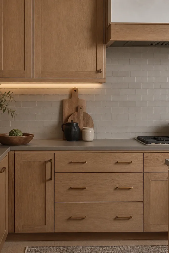 White oak shaker cabinets paired with a warm gray countertop and a backsplash in light gray. Hardware is brushed bronze and the lighting is warm under-cabinet LED.