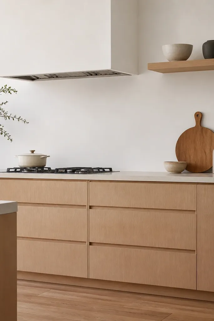 Minimal slab-front white oak cabinets with integrated pocket-style pulls along the drawer faces. The backsplash is plain white, and the counters are light limestone-look stone.