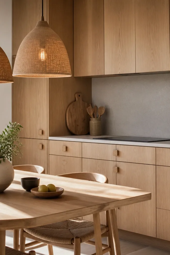 White oak cabinets with satin finish. The drawer pulls are small woven rattan pieces, and the kitchen has warm pendant lights above a light wood table.