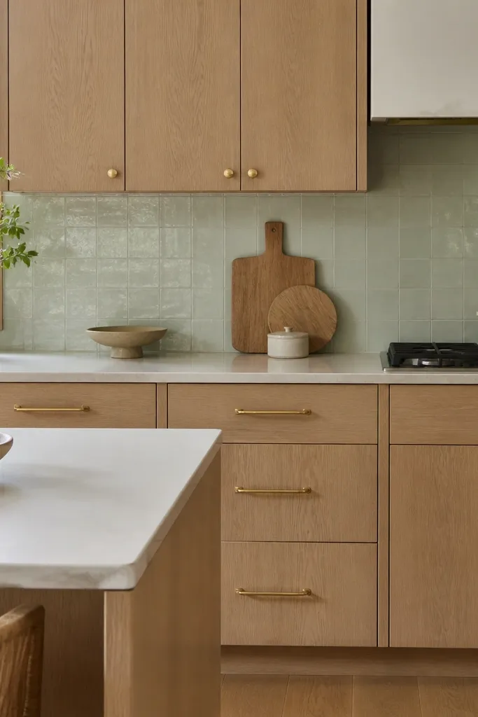 White oak cabinets with satin finish, a light mint or pale green tile backsplash, and brass hardware. The countertop is off-white.