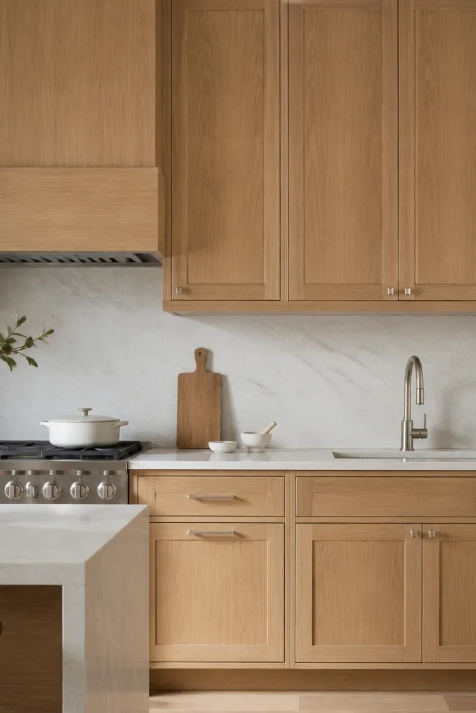 White oak cabinets in satin finish with a honed marble-look slab backsplash. The veining is subtle, and hardware is brushed nickel.