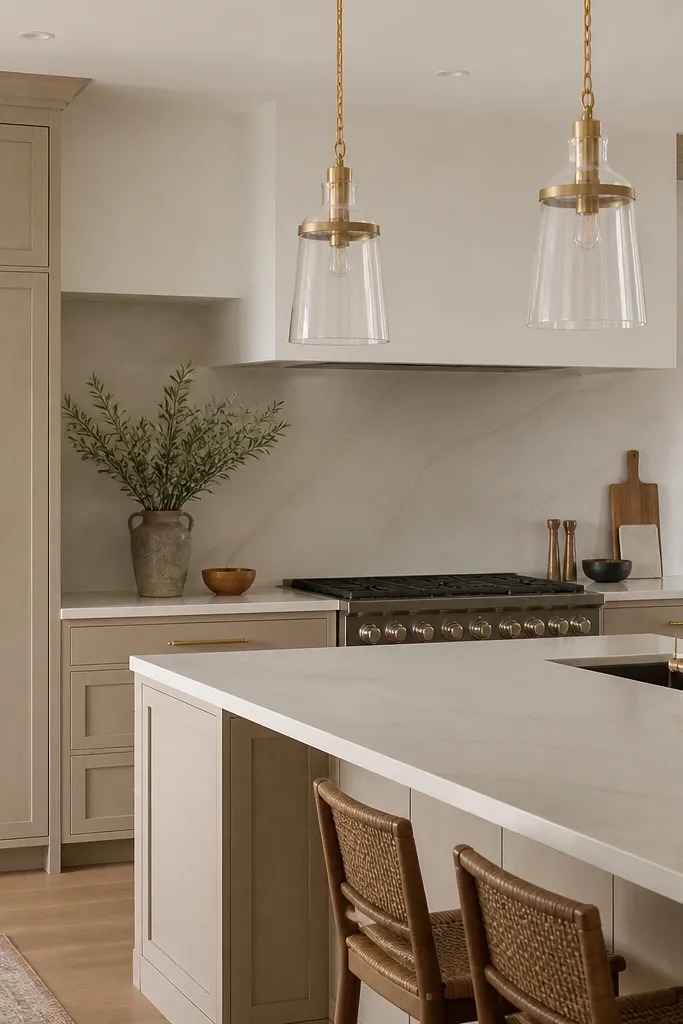 Kitchen with white oak shaker cabinets in a warm greige tone. Long champagne gold rail pulls run horizontally on base drawers and vertically on tall pantry doors. Countertops are a light cream stone with thin veining. Brushed gold faucet and two pendant lights hang over the island.