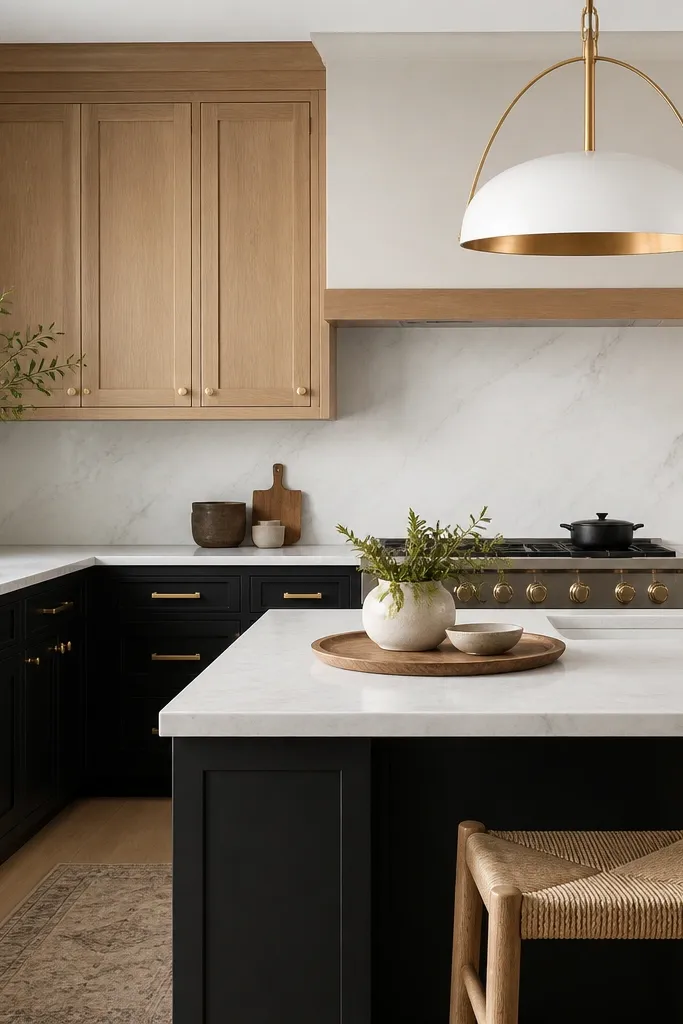Kitchen showing upper cabinets in white oak shaker with gold knobs on the doors. Lower cabinets are matte black with panel doors and matching black drawer fronts. Gold hardware ties both zones together. A white marble-look countertop spans the island and perimeter.