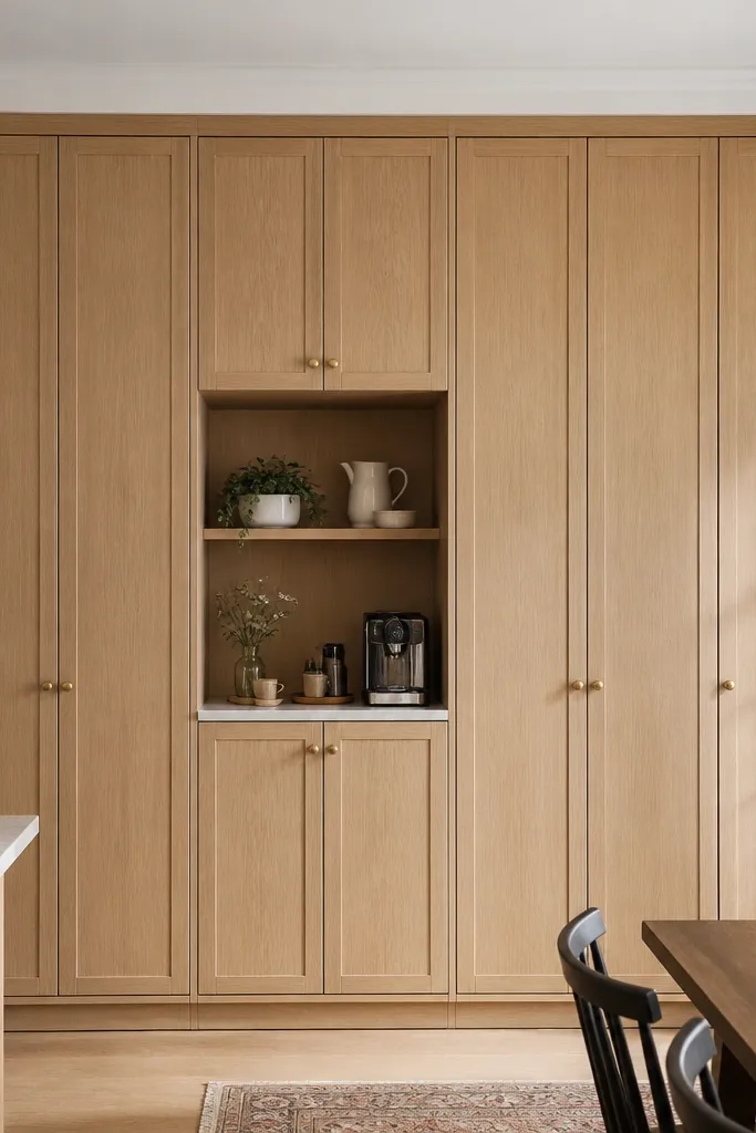 Wall of tall pantry cabinets with white oak doors and vertical grain. Each pantry door has a single gold knob centered on the height. A built-in coffee niche sits between columns with a small shelf. Upper crown molding is painted white.