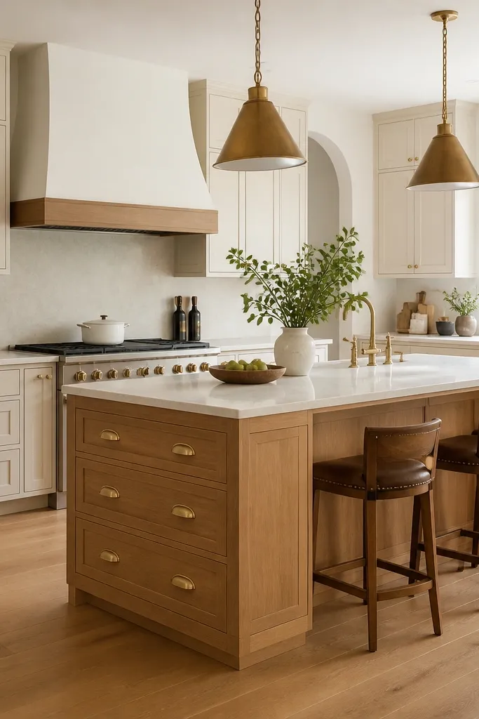 Perimeter cabinets are white oak shaker with gold knobs on upper doors. The island has white oak shaker drawers with gold cup pulls on the drawer faces. Pendant lights are warm brass. Flooring is light oak or warm wood planks.