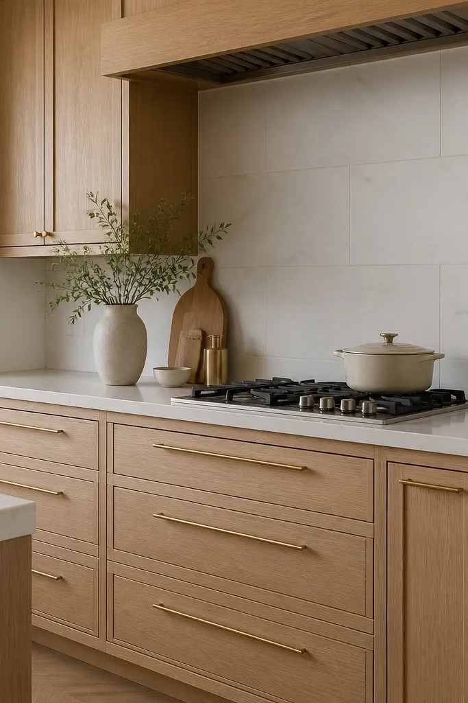 Kitchen with white oak inset cabinets. Doors sit slightly inside the frame with a visible shadow gap. Long satin gold pulls run along drawer faces. The backsplash is large-format white tile with minimal grout lines.