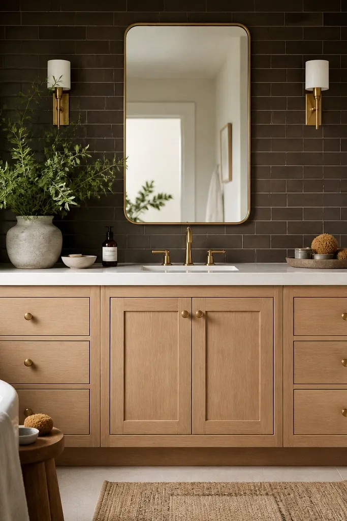 White oak cabinets with a two-panel shaker door design. Hardware includes satin gold knobs and a few blackened bronze accents on towel bars. The backsplash is dark espresso subway tile. A light countertop keeps the contrast balanced.
